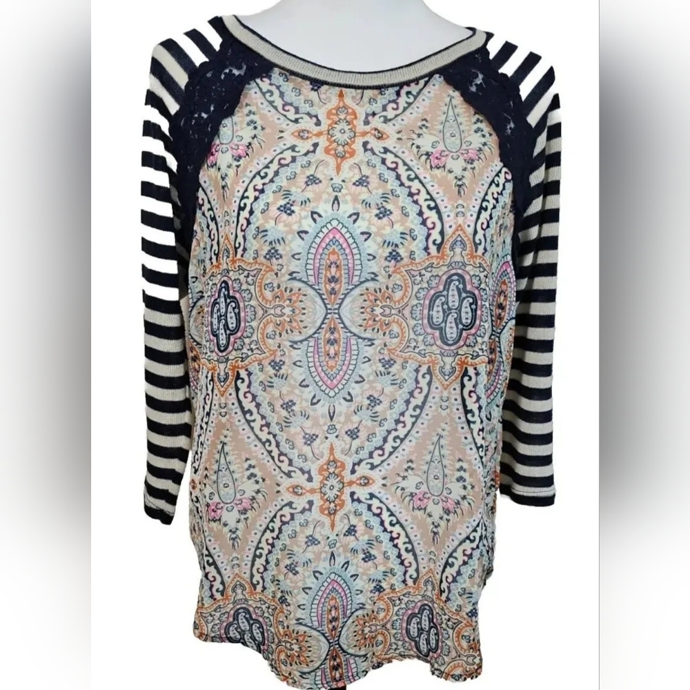 Love Fire Raglan Knit Stripe Crochet Lightweight Boho Semi Sheer Blouse Top Sz M